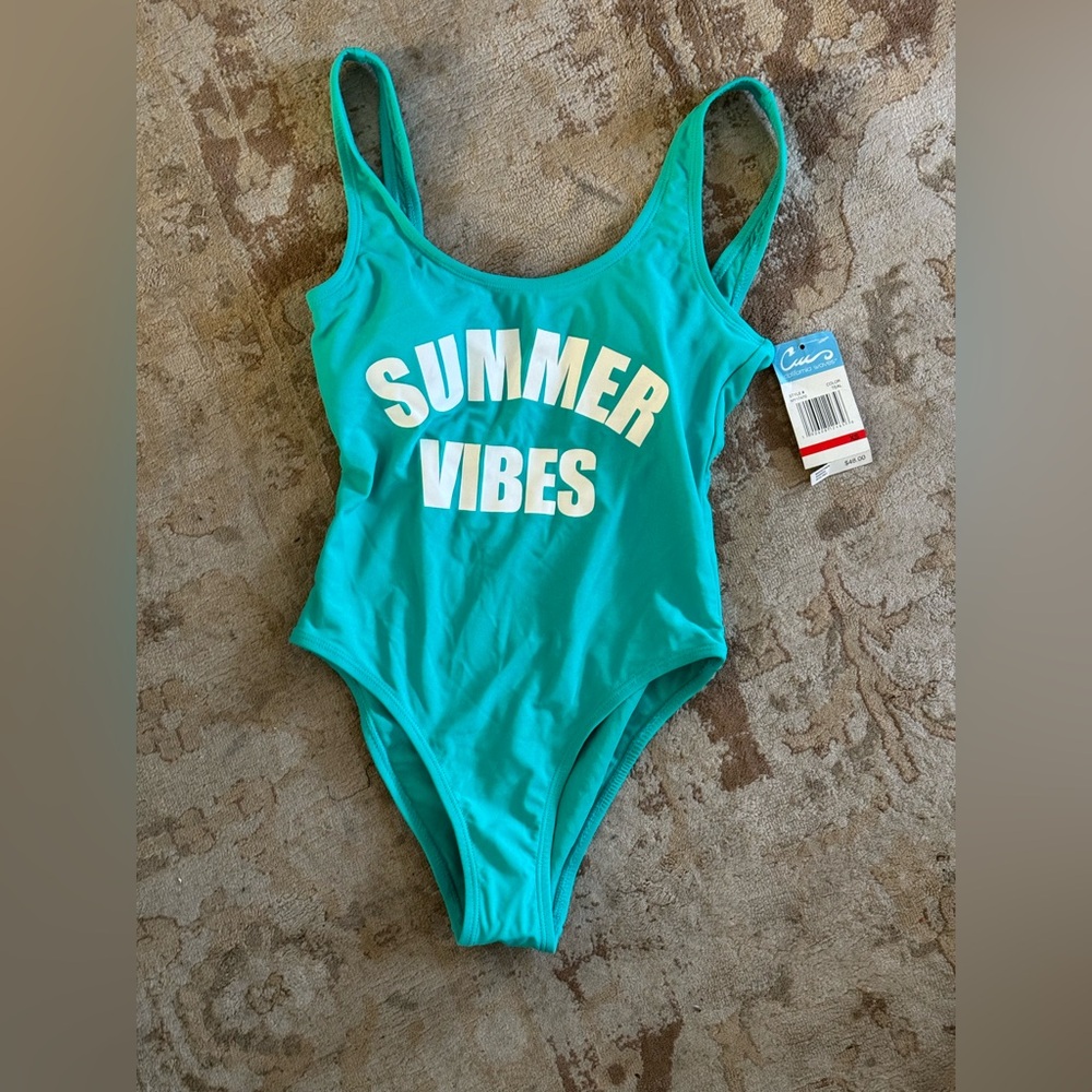 Aqua one piece, bathing suit “summer vibes”
